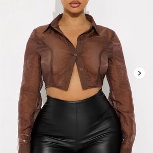 Fashion Nova Chocolate Sheer Button Down Crop Top